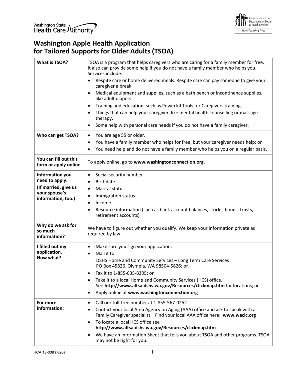 Form HCA18-008 Tailored Supports for Older Adults (Tsoa) Application - Washington, Page 1