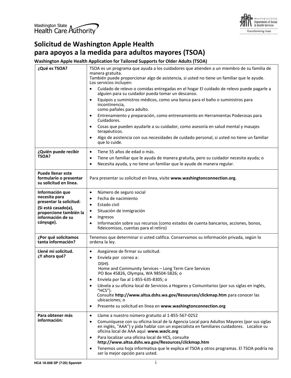 Formulario HCA18-008 Solicitud De Washington Apple Health Para Apoyos a La Medida Para Adultos Mayores (Tsoa) - Washington (Spanish), Page 1