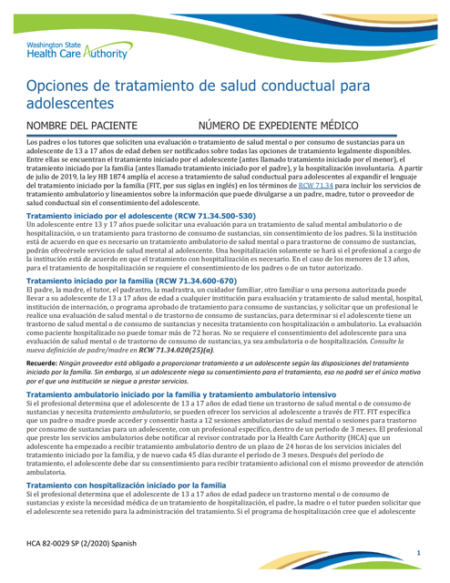 Formulario HCA82-0029 Opciones De Tratamiento De Salud Conductual Para Adolescentes - Washington (Spanish)