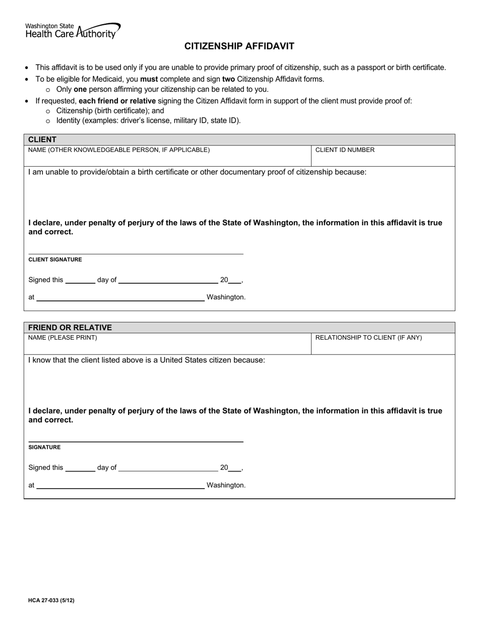 Form HCA27-033 Citizenship Affidavit - Washington, Page 1