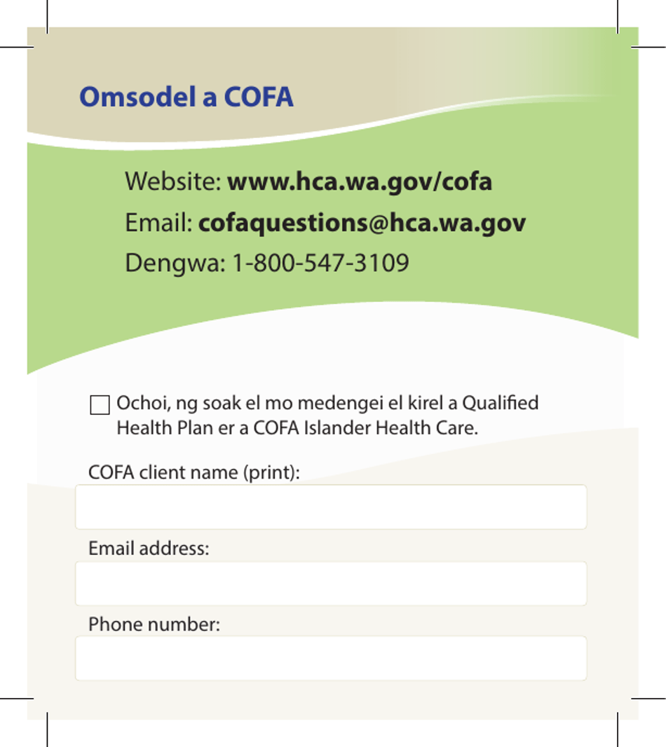 Form HCA19-0020 Cofa Islander Health Care Contact Card - Washington (Palauan), Page 1