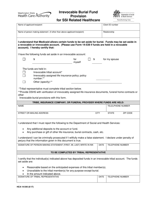 Form HCA14-540 Irrevocable Burial Fund Provision for Ssi Related Healthcare - Washington