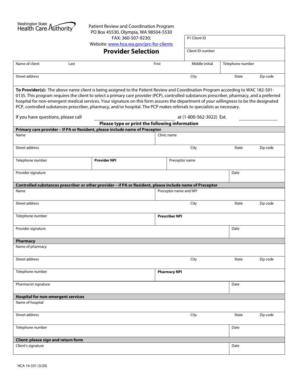 Form HCA14-331 Provider Selection - Washington, Page 1