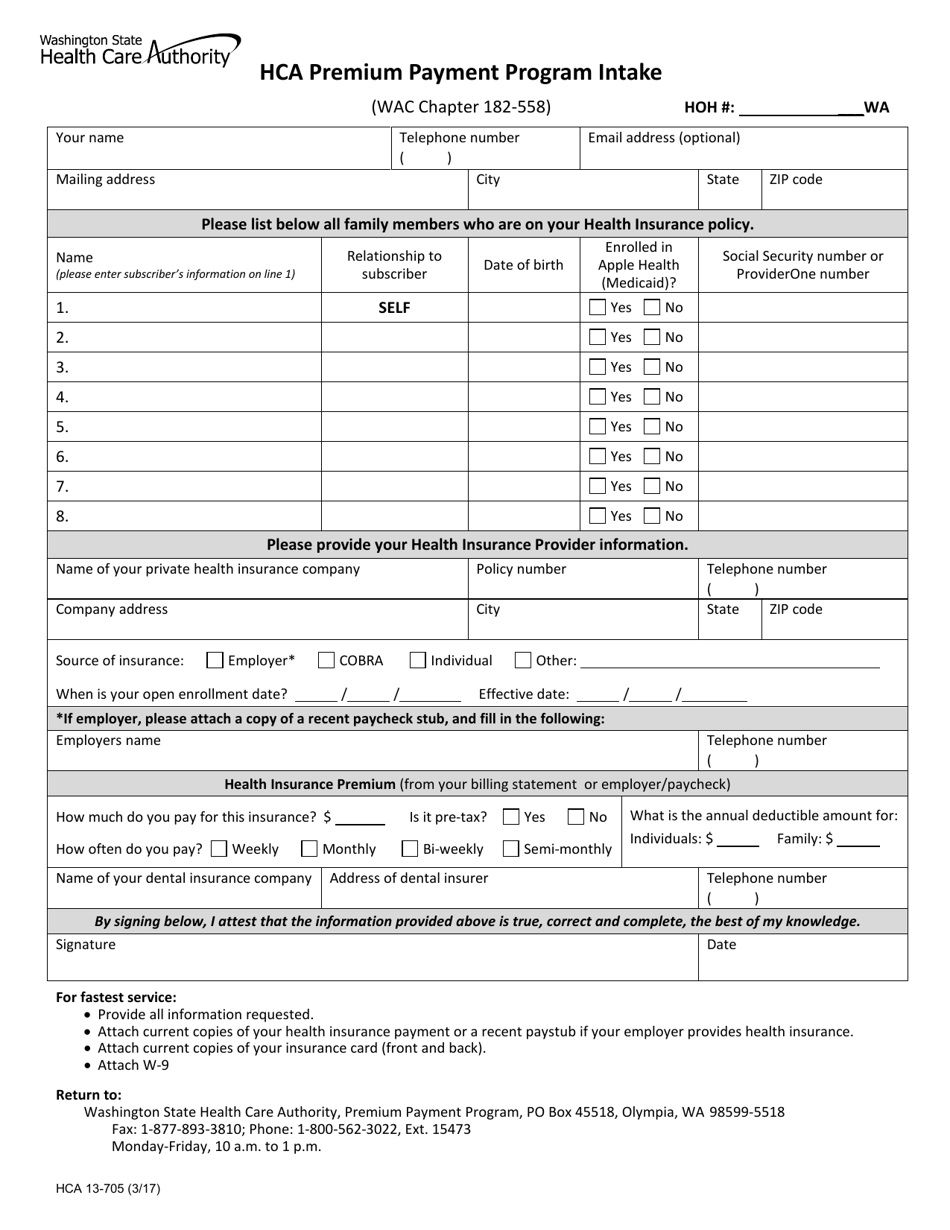 Form HCA13-705 Hca Premium Payment Program Intake - Washington, Page 1
