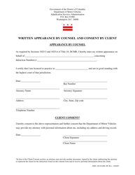Document preview: Form DMV-AD-WABC-001 Written Appearance by Counsel and Consent by Client - Washington, D.C.