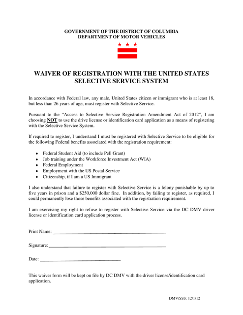 &quot;Waiver of Registration With the United States Selective Service System&quot; - Washington, D.C. Download Pdf