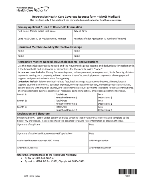 Form HCA13-952 Retroactive Health Care Coverage Request Form - Magi Medicaid - Washington