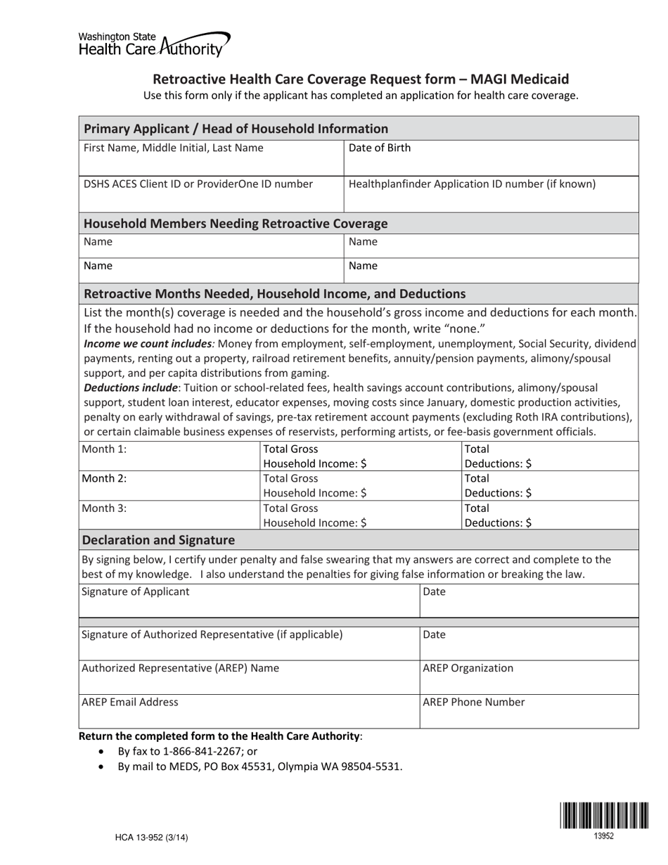 Form HCA13-952 Retroactive Health Care Coverage Request Form - Magi Medicaid - Washington, Page 1