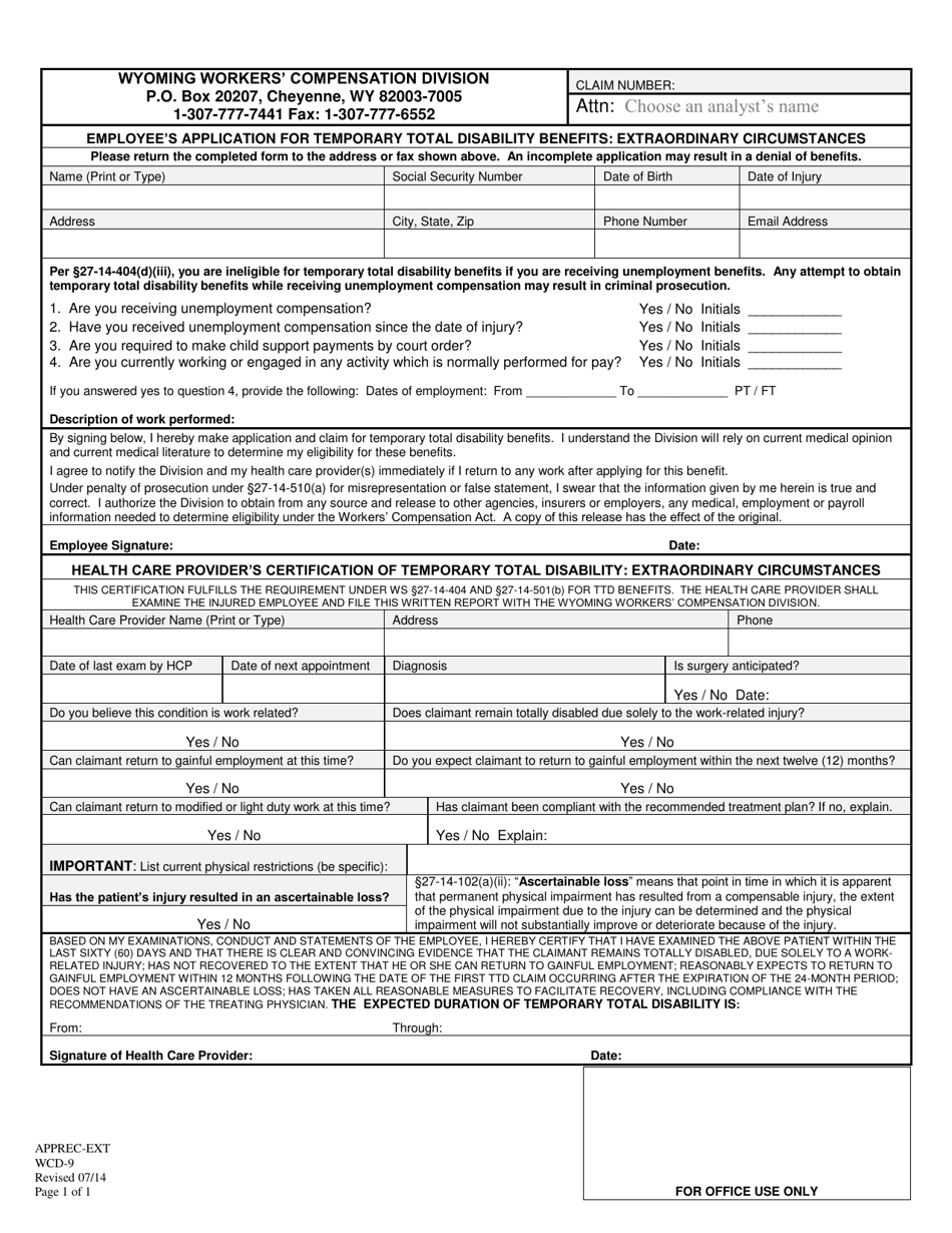 Form WCD-9 Employees Application for Temporary Total Disability Benefits - Extraordinary Circumstances - Wyoming, Page 1