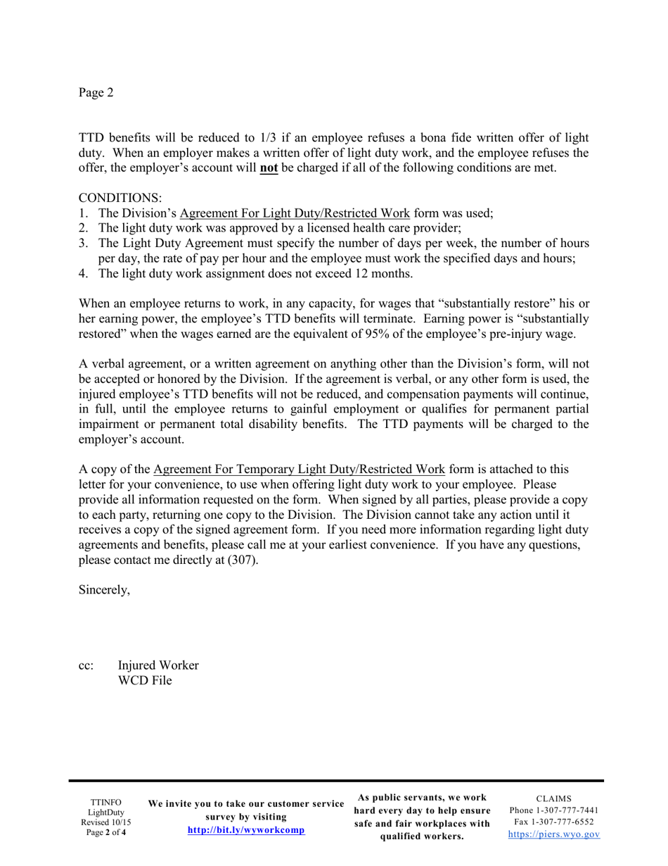 Agreement for Temporary Light Duty / Restricted Work - Wyoming, Page 2