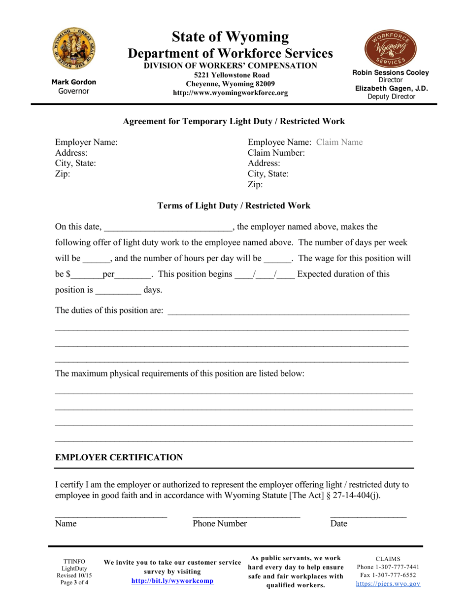Agreement for Temporary Light Duty / Restricted Work - Wyoming, Page 3