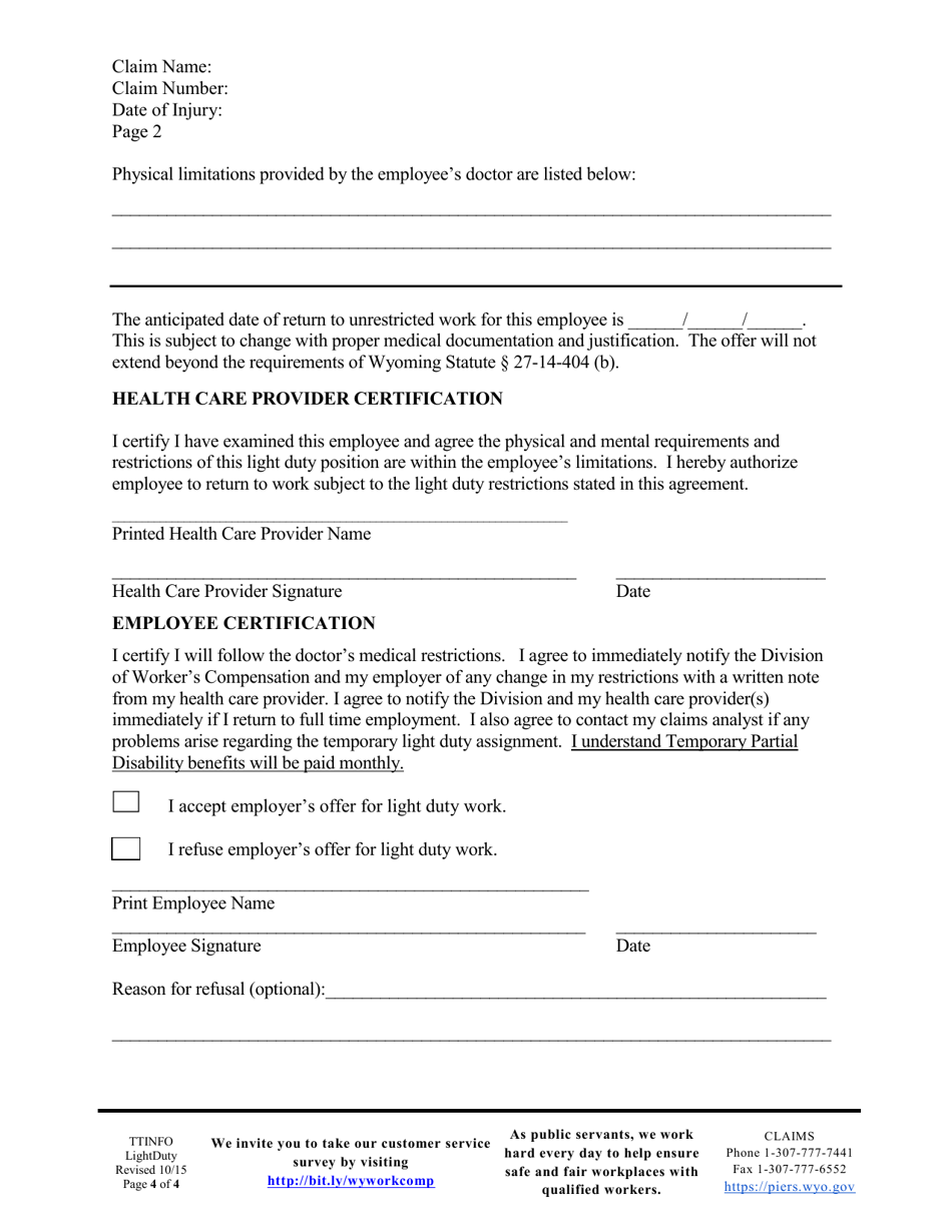 Agreement for Temporary Light Duty / Restricted Work - Wyoming, Page 4