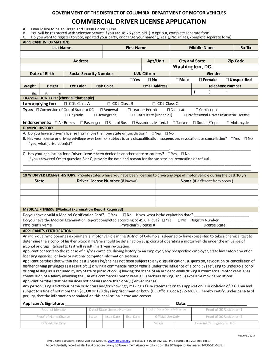 Commercial Driver License Application - Washington, D.C., Page 1