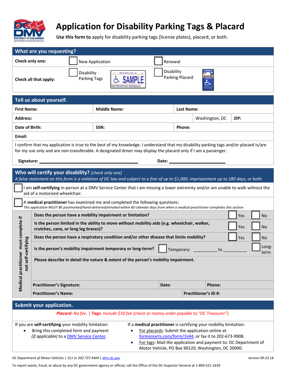 Application for Disability Parking Tags  Placard - Washington, D.C., Page 1