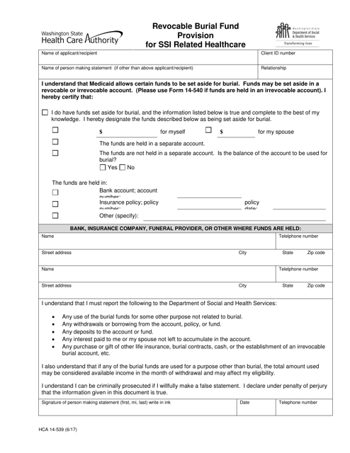 Form HCA14-539 Revocable Burial Fund Provision for Ssi Related Healthcare - Washington