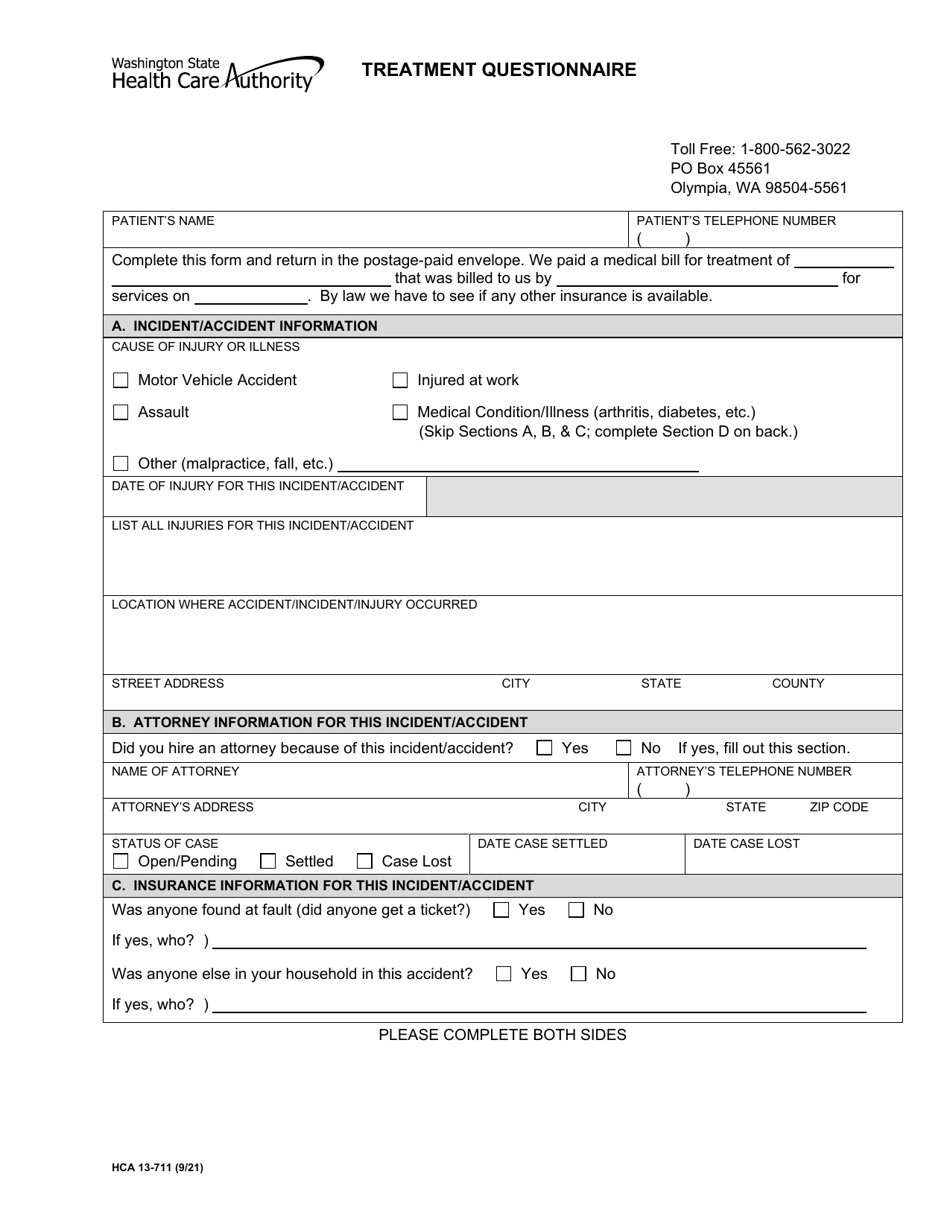 Form HCA13-711 Treatment Questionnaire - Washington, Page 1