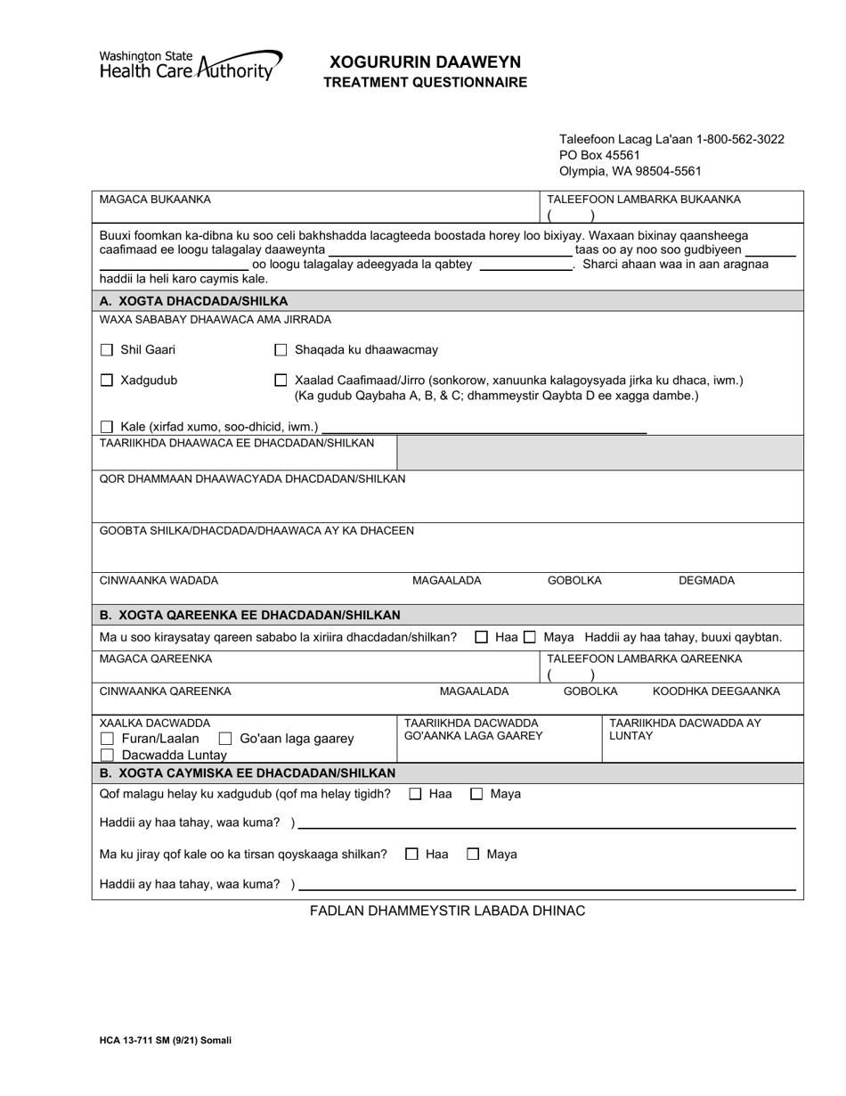 Form HCA13-711 Treatment Questionnaire - Washington (Somali), Page 1