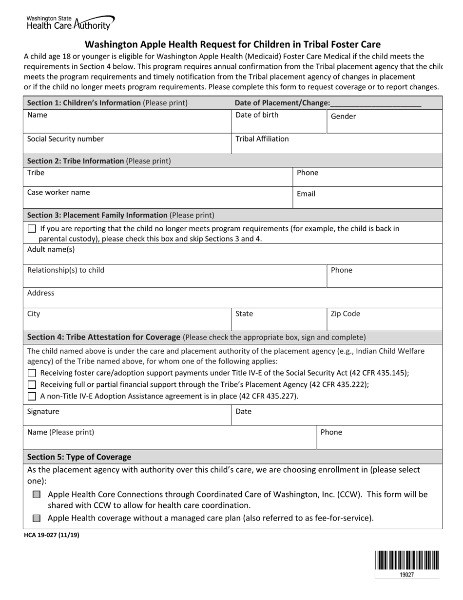 Form HCA19-027 Washington Apple Health Request for Children in Tribal Foster Care - Washington, Page 1