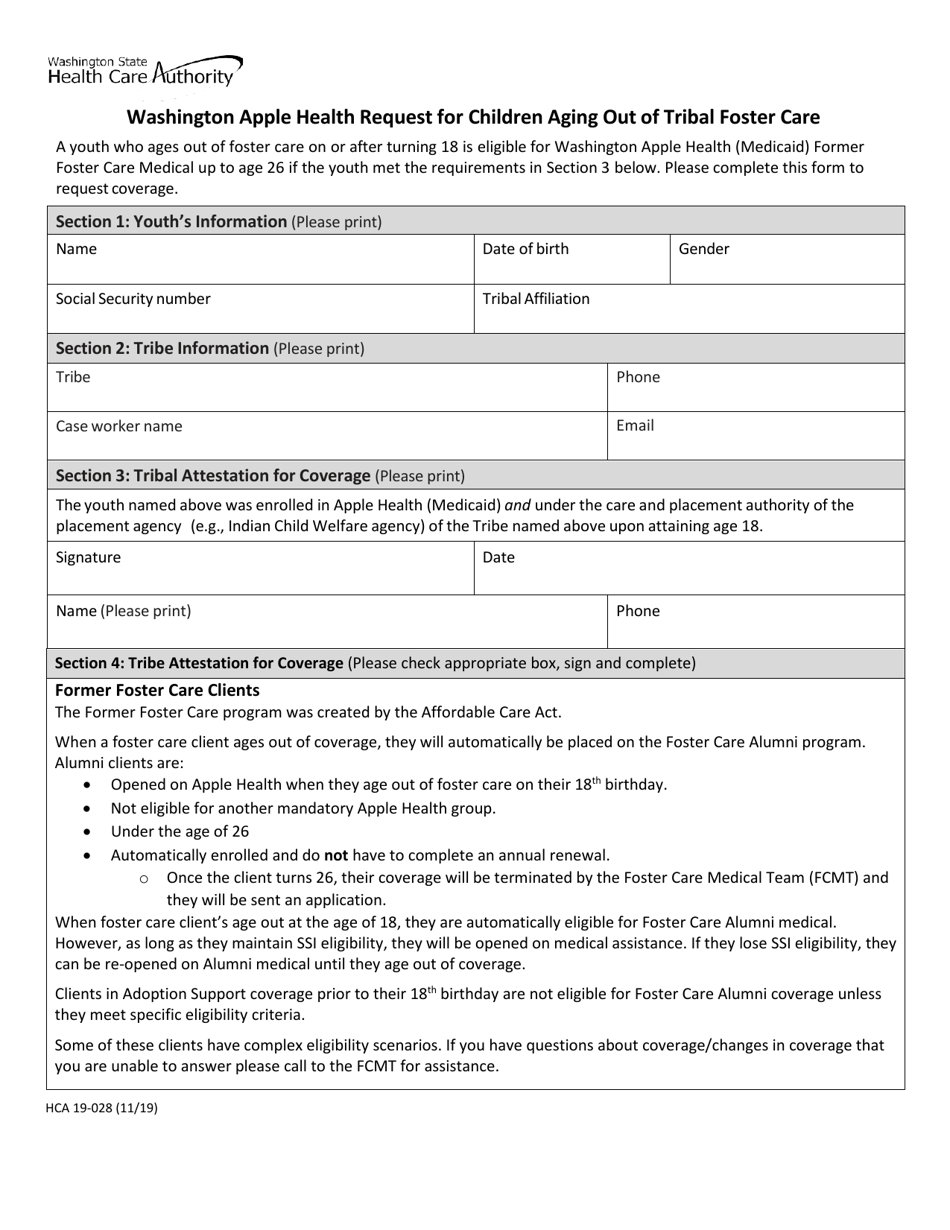 Form HCA19-028 Washington Apple Health Request for Children Aging out of Tribal Foster Care - Washington, Page 1
