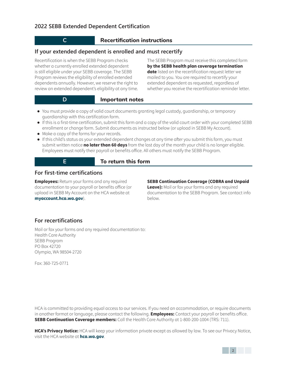Form HCA20-0084 Sebb Extended Dependent Certification - Washington, Page 2