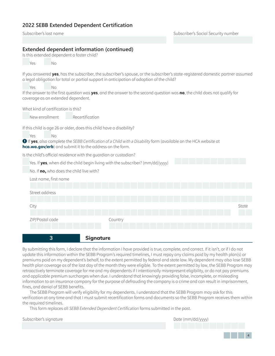 Form HCA20-0084 Sebb Extended Dependent Certification - Washington, Page 4