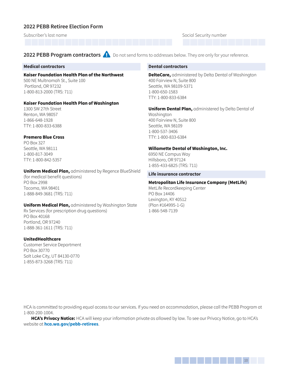 Form A (HCA51-4031) Pebb Retiree Election Form - Washington, Page 10