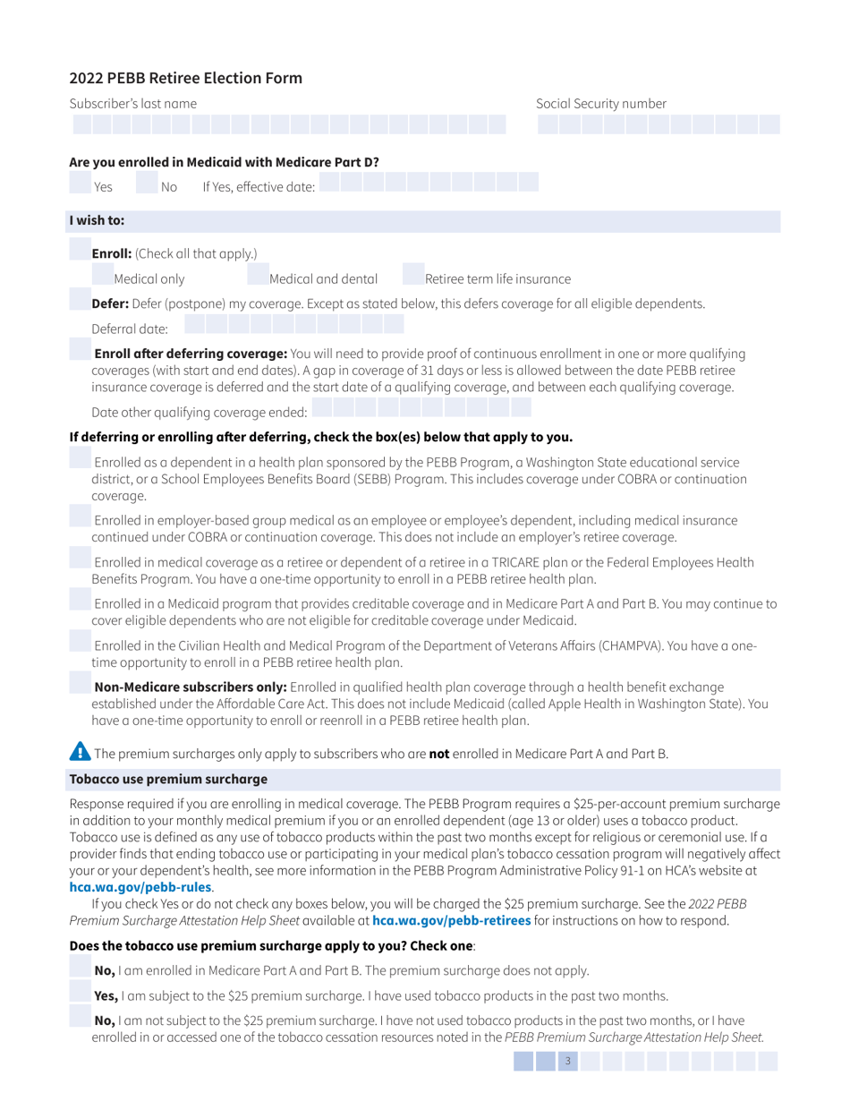 Form A (HCA51-4031) Pebb Retiree Election Form - Washington, Page 3