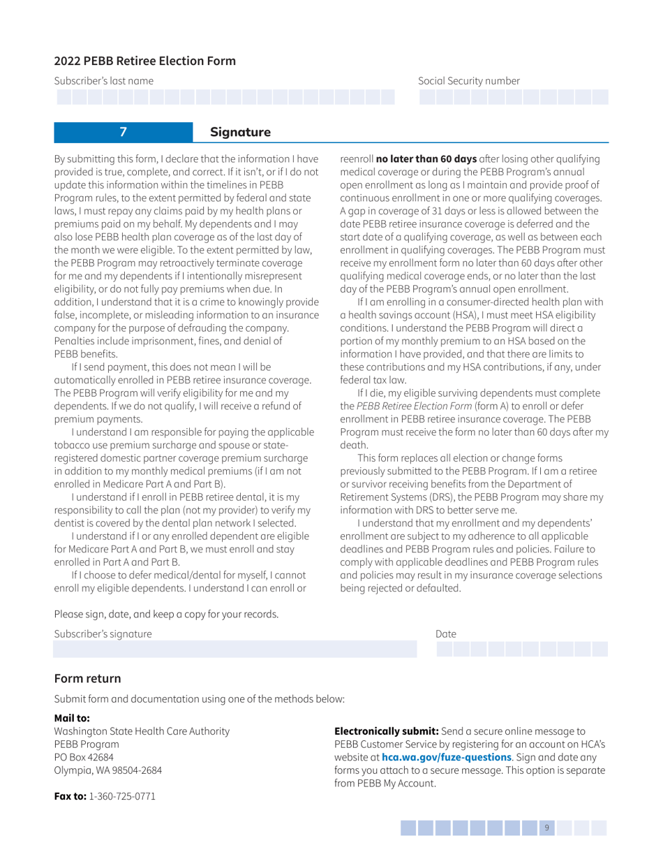 Form A (HCA51-4031) Pebb Retiree Election Form - Washington, Page 9
