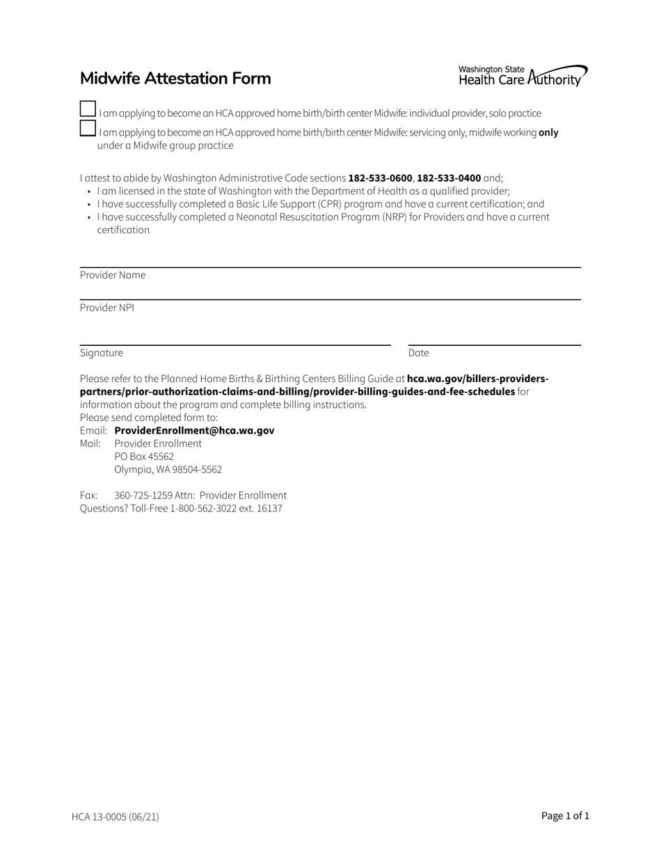Form HCA13-0005 Midwife Attestation Form - Washington, Page 1