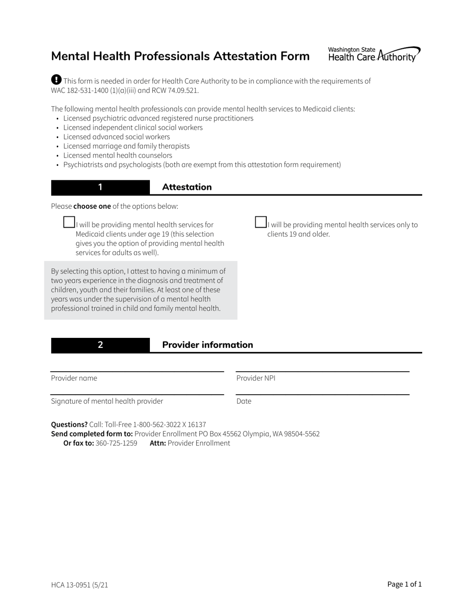 Form HCA13-0951 Mental Health Professionals Attestation Form - Washington, Page 1