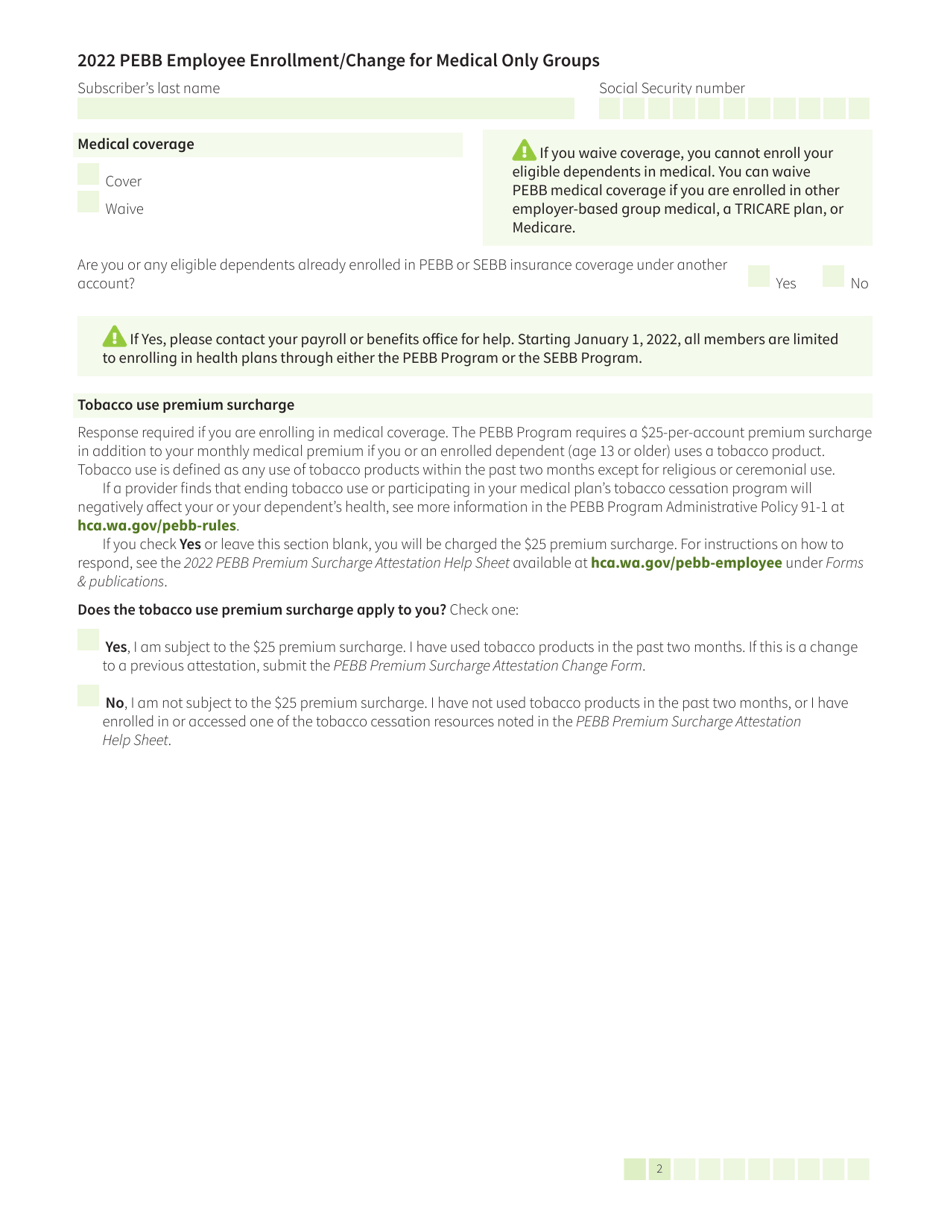 Form HCA52-0030 Pebb Employee Enrollment / Change for Medical Only Groups - Washington, Page 2