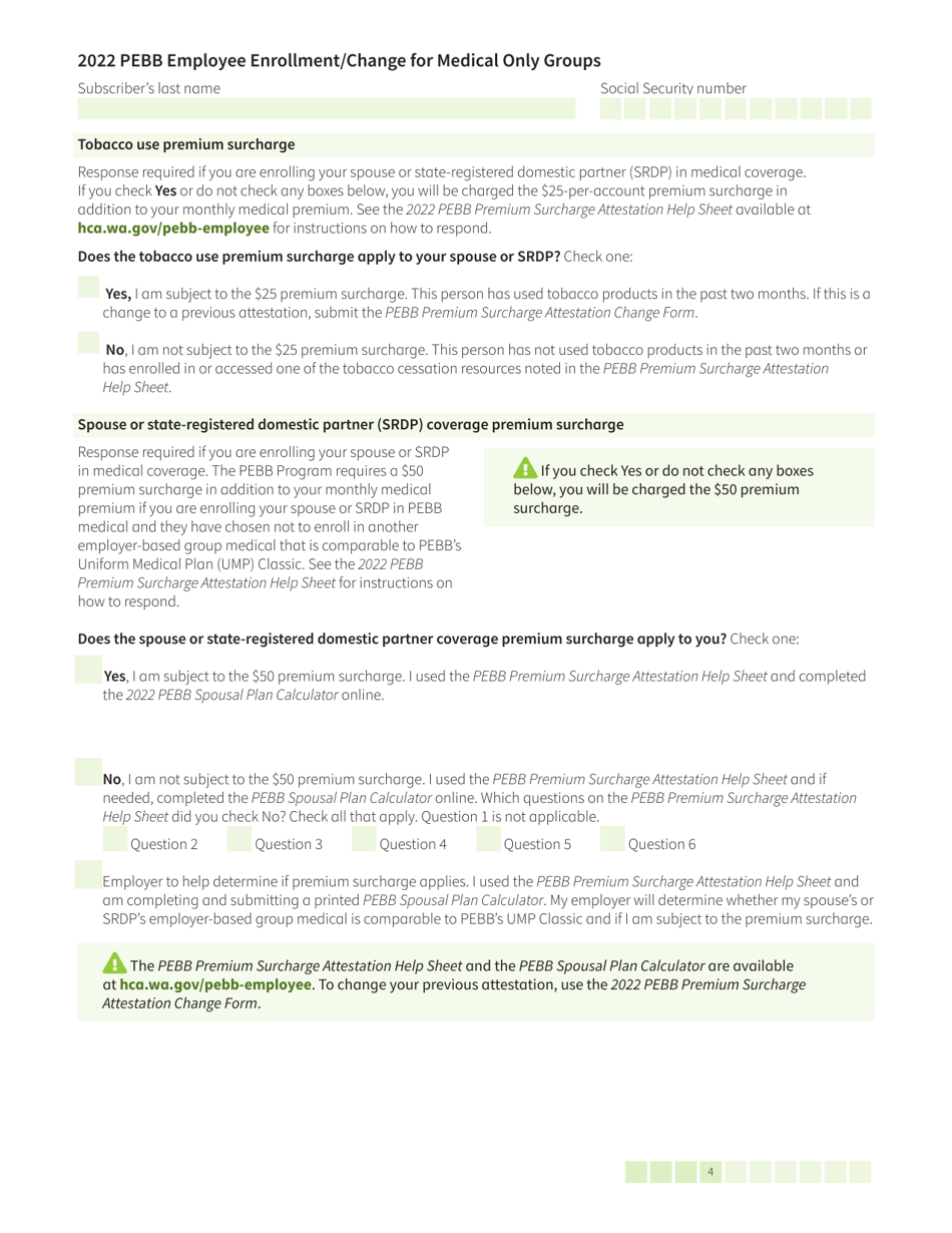 Form HCA52-0030 Pebb Employee Enrollment / Change for Medical Only Groups - Washington, Page 4