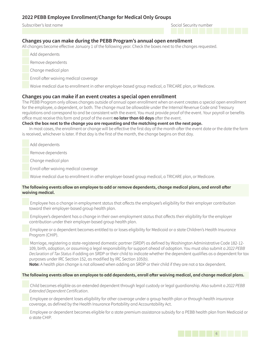 Form HCA52-0030 Pebb Employee Enrollment / Change for Medical Only Groups - Washington, Page 6
