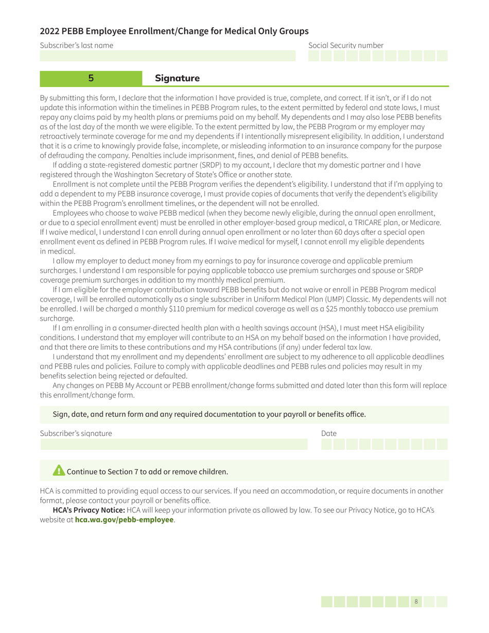 Form HCA52-0030 Pebb Employee Enrollment / Change for Medical Only Groups - Washington, Page 8