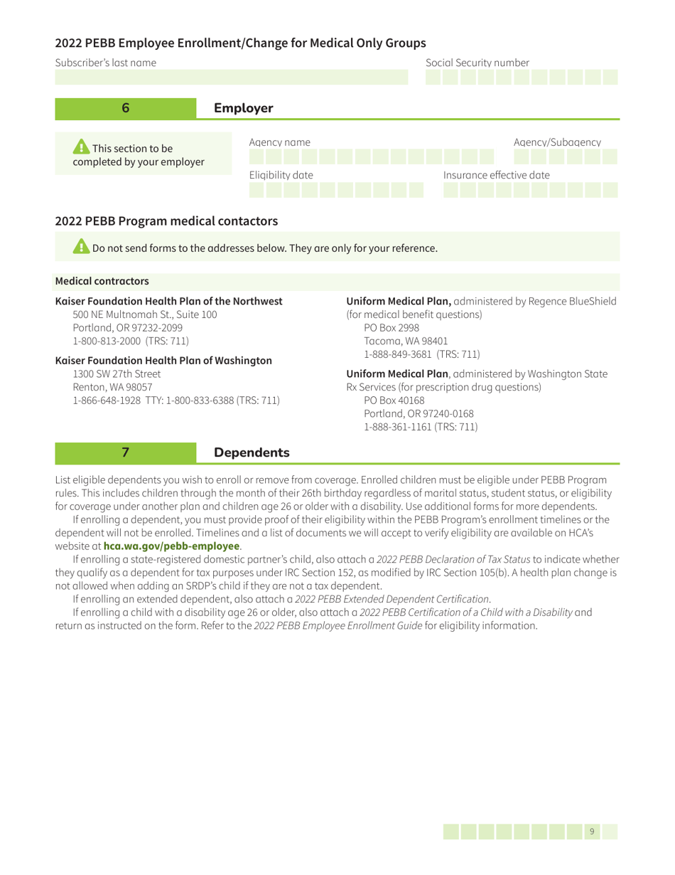 Form HCA52-0030 Pebb Employee Enrollment / Change for Medical Only Groups - Washington, Page 9