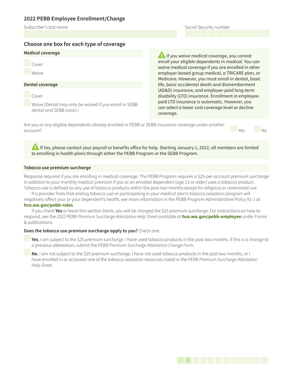 Form HCA50-0400 Pebb Employee Enrollment / Change - Washington, Page 2