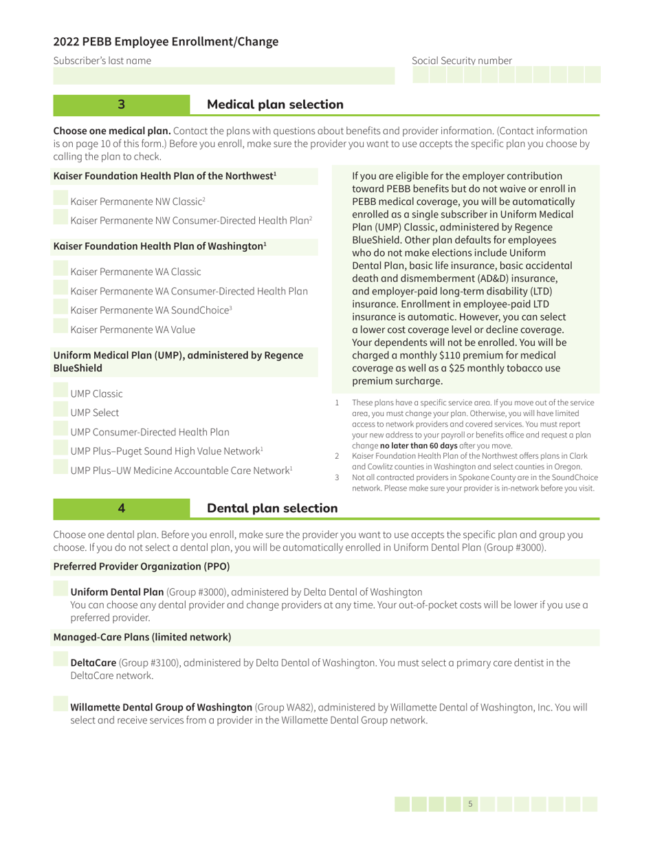 Form HCA50-0400 Pebb Employee Enrollment / Change - Washington, Page 5