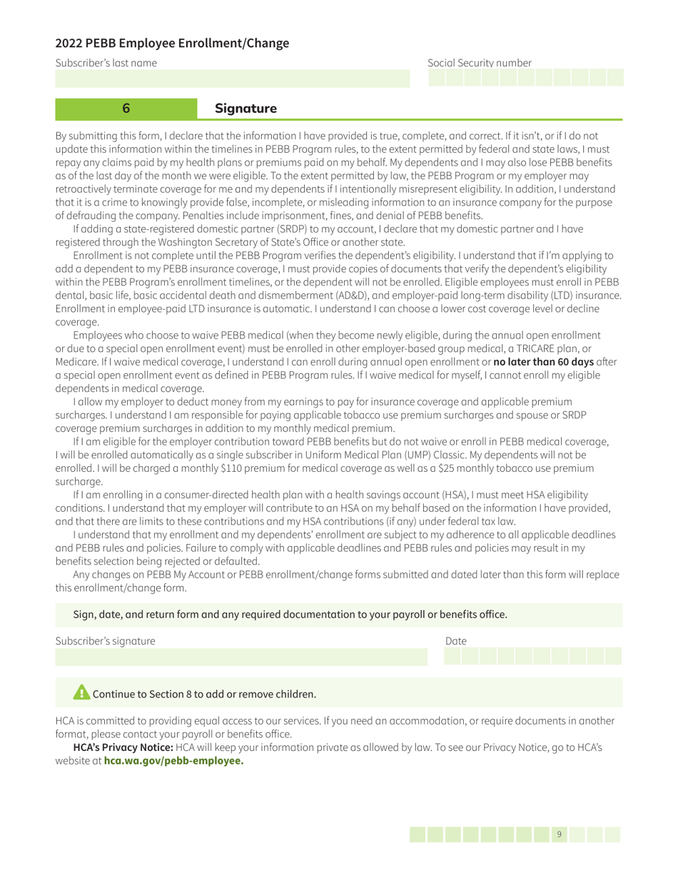 Form HCA50-0400 Pebb Employee Enrollment / Change - Washington, Page 9