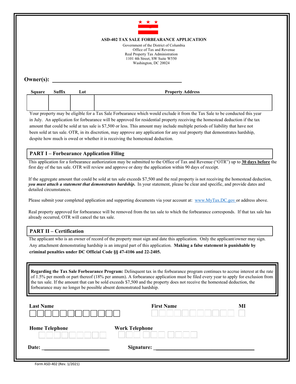 Form ASD-402 Tax Sale Forbearance Application - Washington, D.C., Page 1