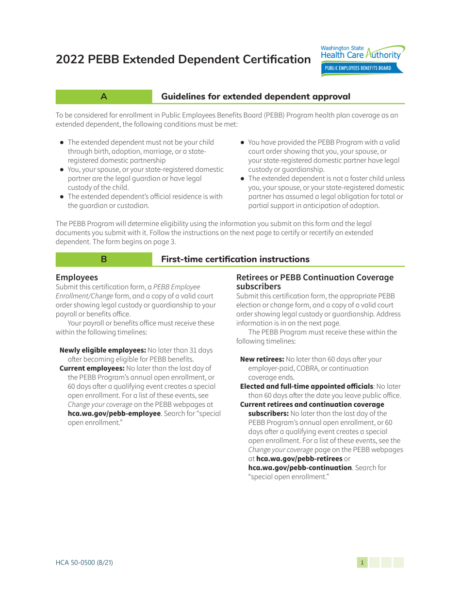 Form HCA50-0500 Pebb Extended Dependent Certification - Washington, Page 1