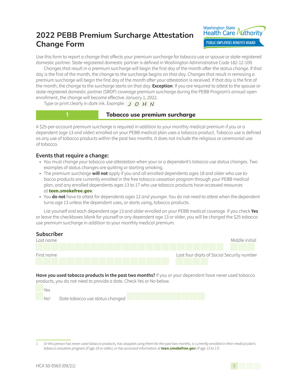 Form HCA50-0563 Pebb Premium Surcharge Attestation Change Form - Washington, Page 1