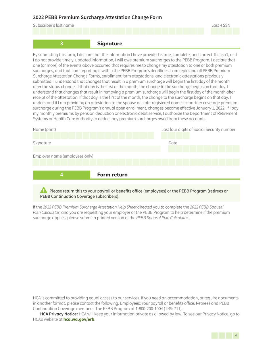 Form HCA50-0563 Pebb Premium Surcharge Attestation Change Form - Washington, Page 4