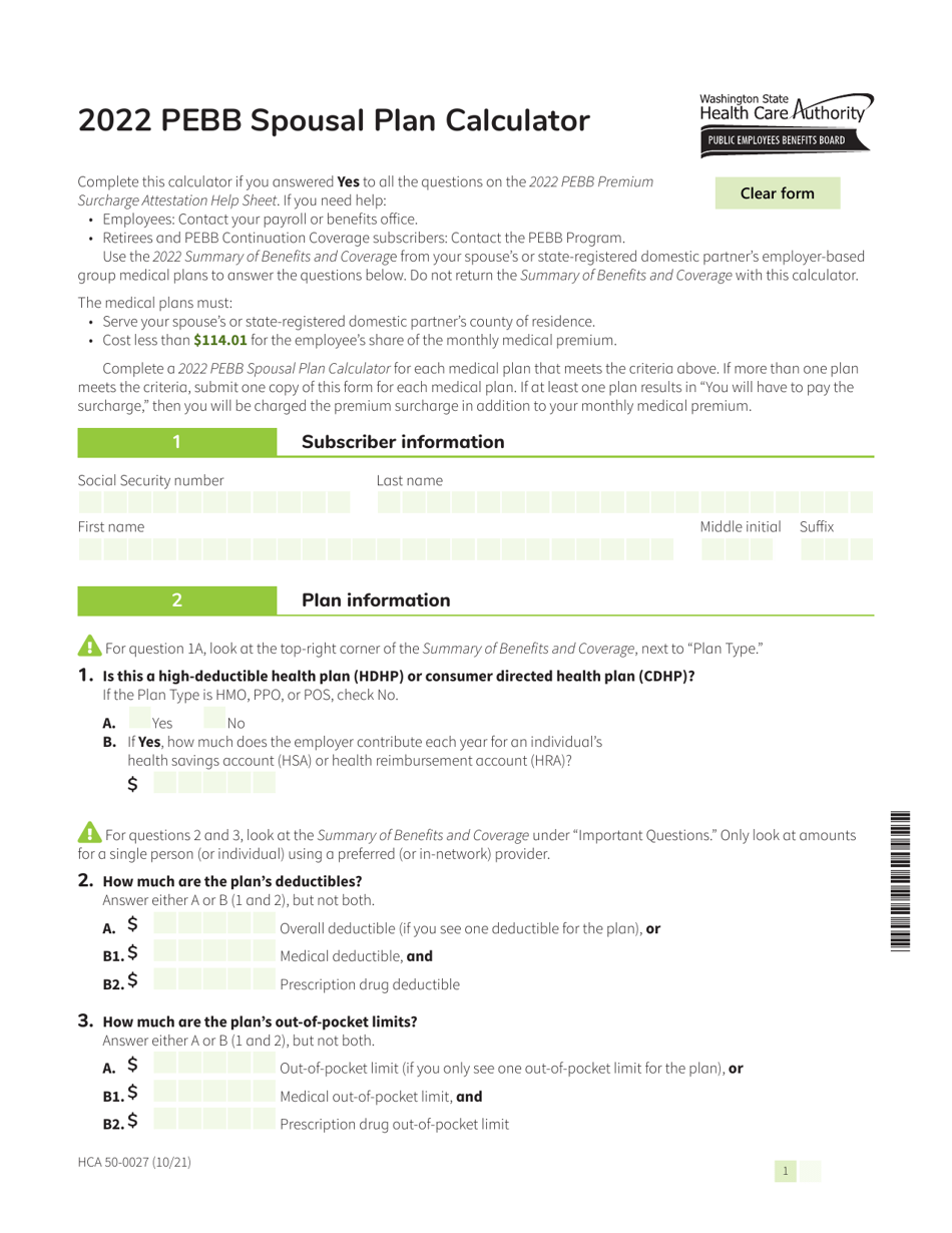 Form HCA50-0027 Pebb Spousal Plan Calculator - Washington, Page 1