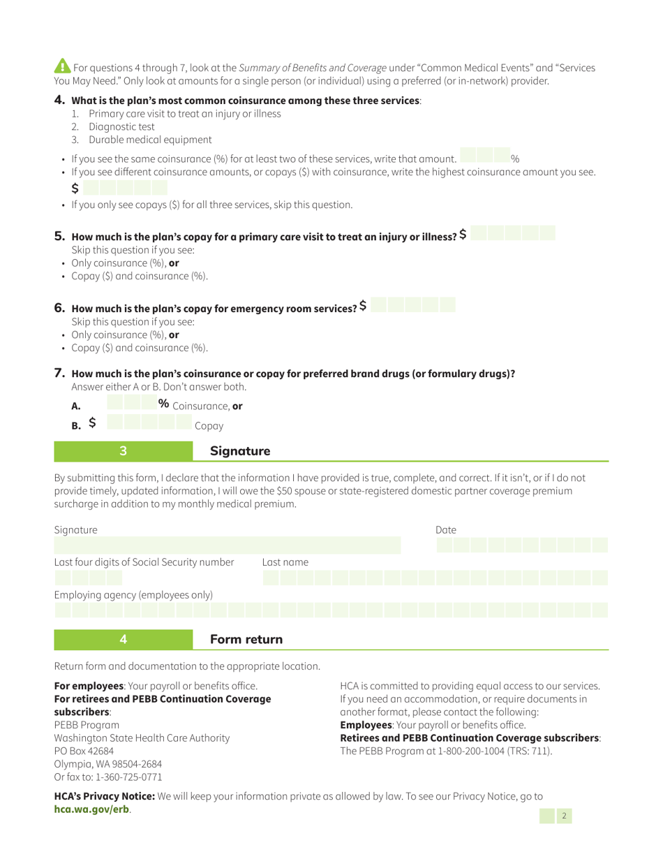 Form HCA50-0027 Pebb Spousal Plan Calculator - Washington, Page 2