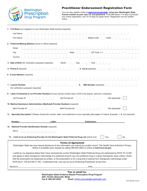 Form HCA58-005 Practitioner Endorsement Registration Form - Washington