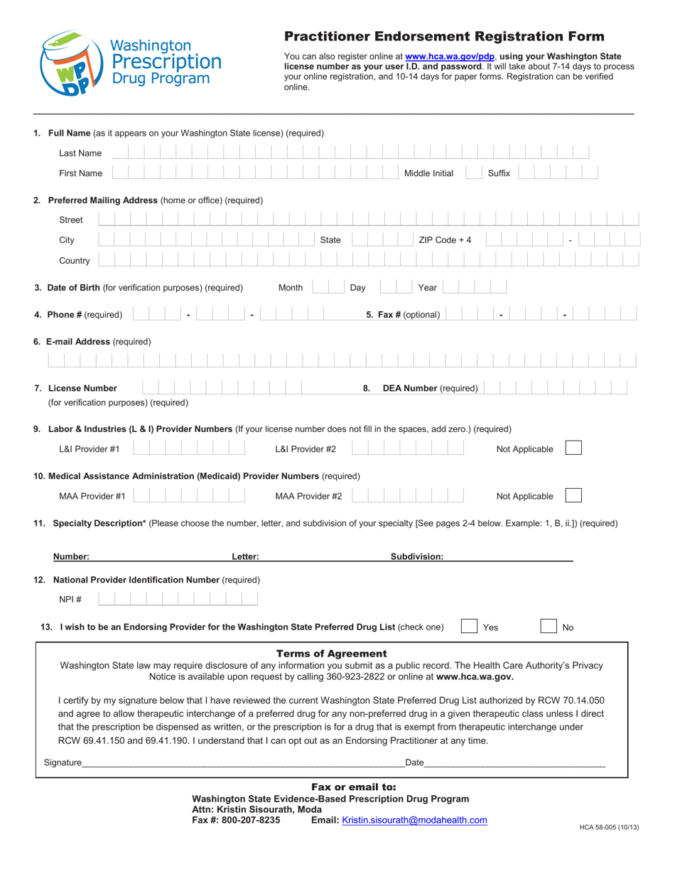 Form HCA58-005 Practitioner Endorsement Registration Form - Washington, Page 1