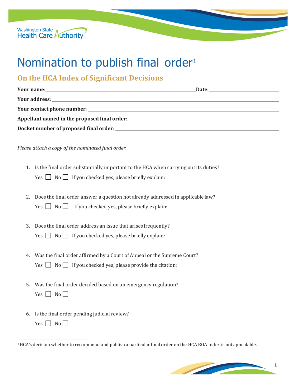 Nomination to Publish Final Order - Washington, Page 1