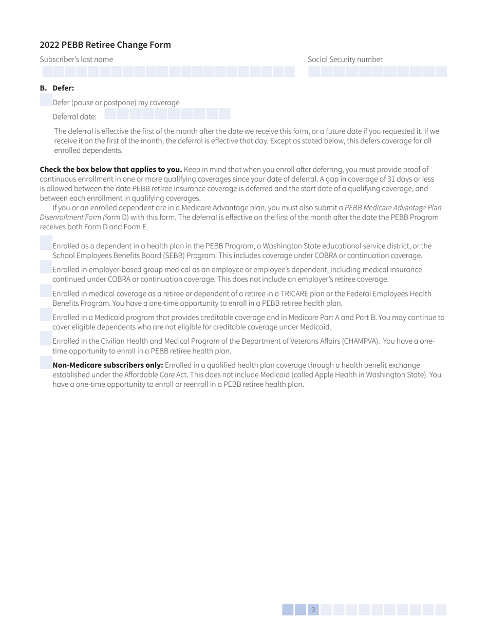 Form HCA51-0007 (E) Pebb Retiree Change Form - Washington, Page 3