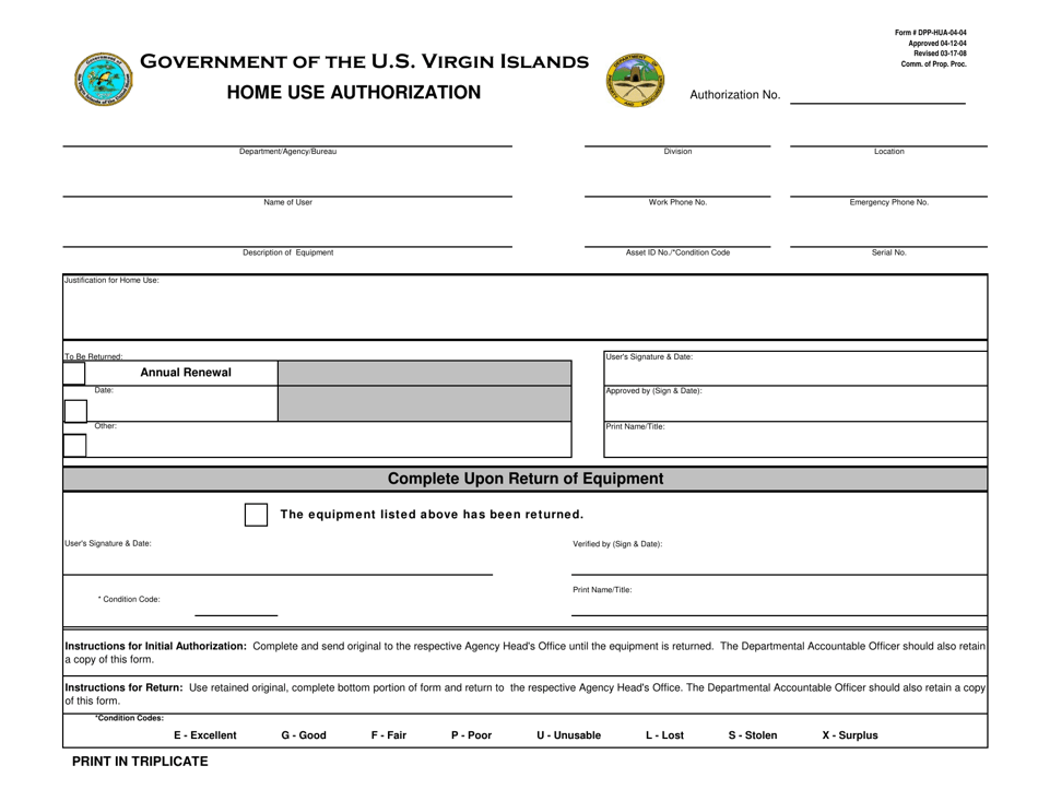 Form DPP-HUA-04-04 Home Use Authorization - Virgin Islands, Page 1