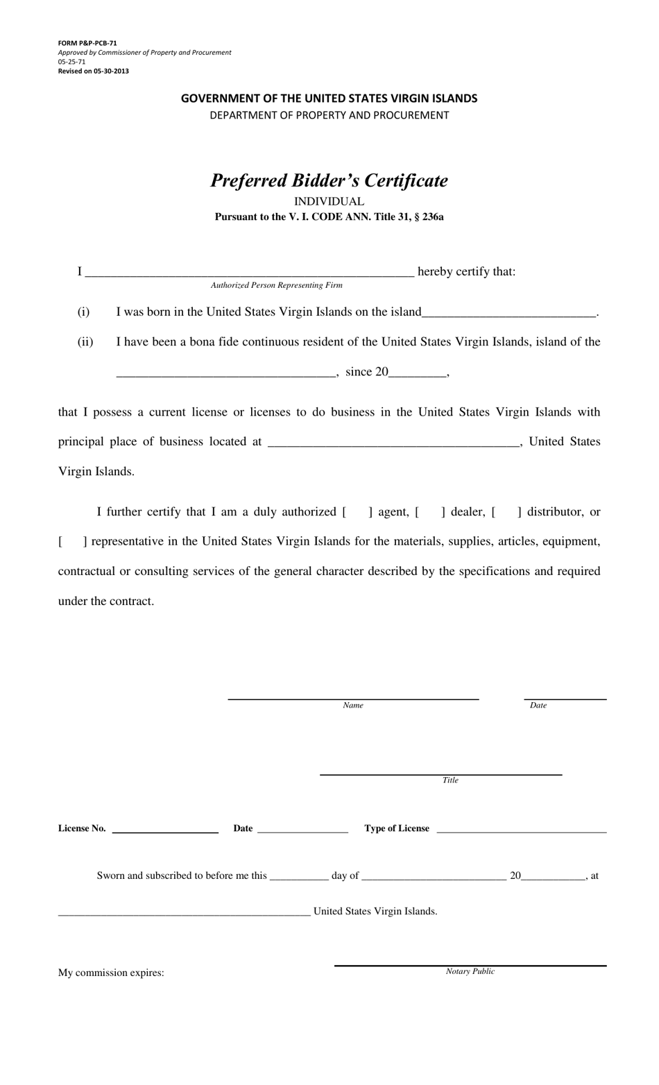 Form PP-PCB-71 Preferred Bidders Certificate for Individuals - Virgin Islands, Page 1